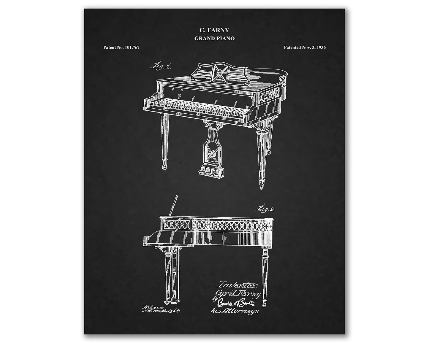 Grand Piano Patent Drawings, Wall Art Poster - Great Vintage Room Decor - Art Prints - Unique Gift for Musician\Music Enthusiast 03012