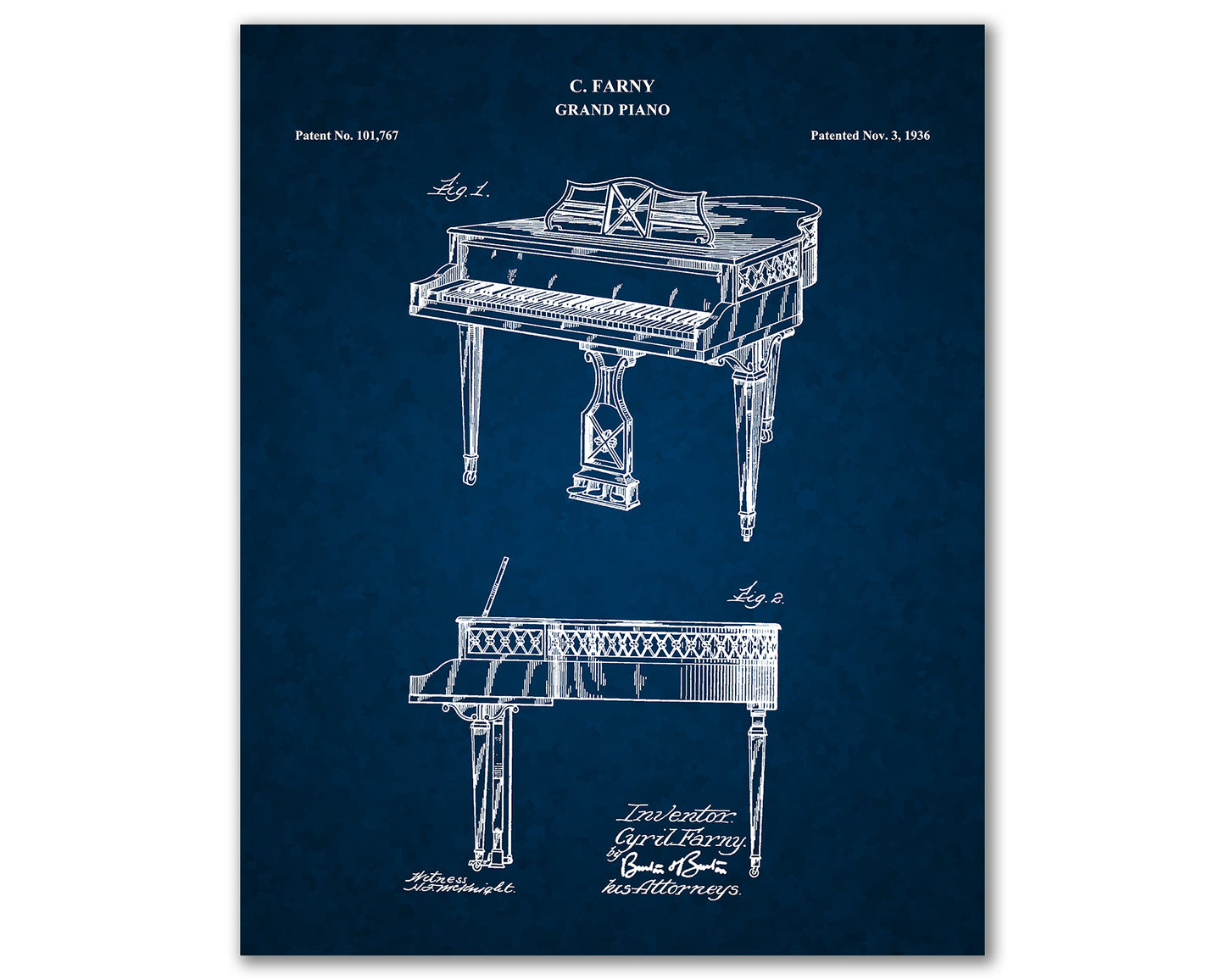 Grand Piano Patent Drawings, Wall Art Poster - Great Vintage Room Decor - Art Prints - Unique Gift for Musician\Music Enthusiast 03012