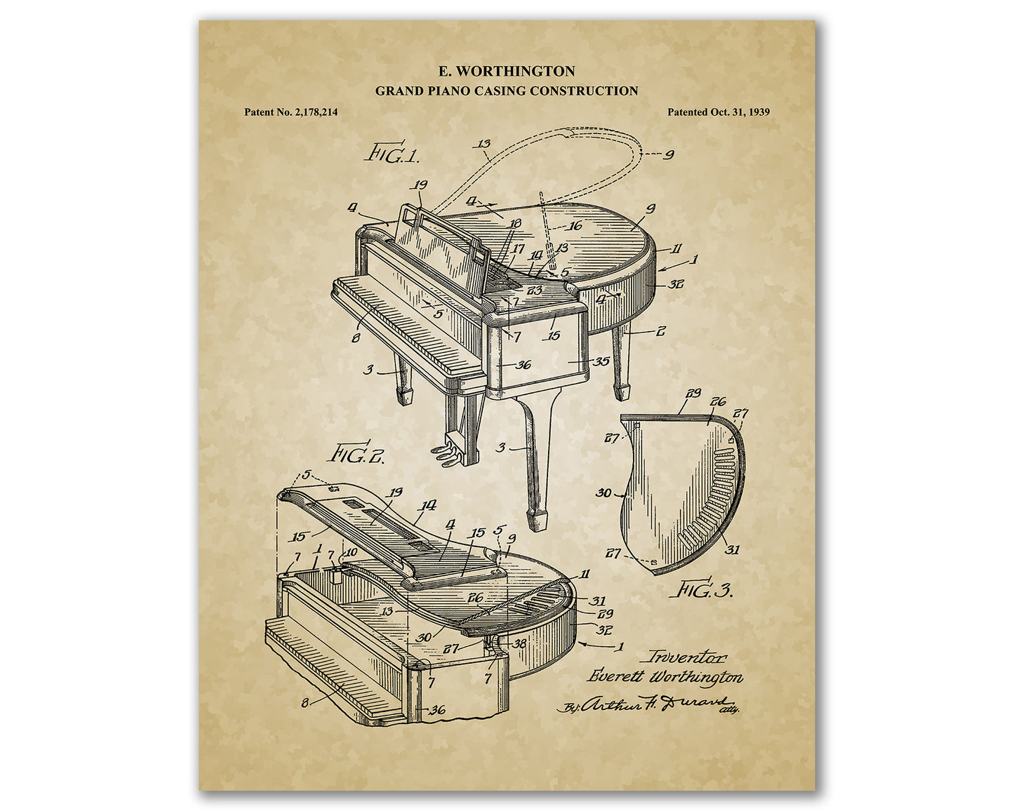 Grand Piano Patent Drawings, Music Studio Wall Art Poster, Great Vintage Room Decor, Art Prints, Musician Decor Gifts 03072