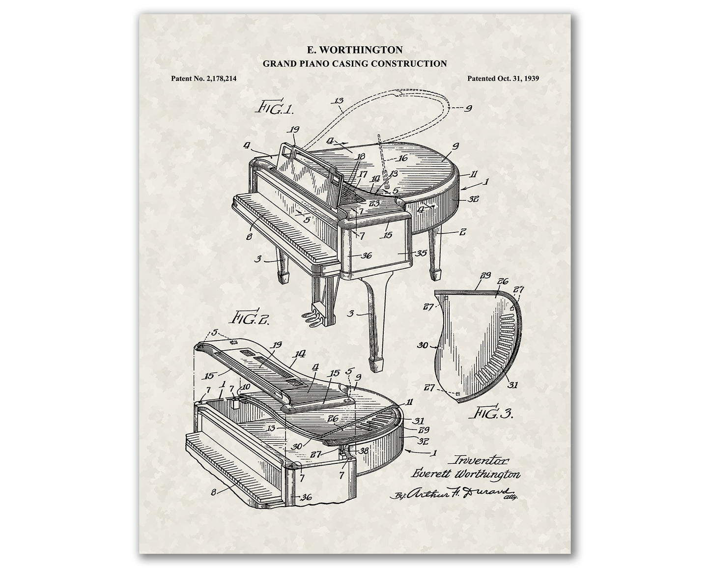 Grand Piano Patent Drawings, Music Studio Wall Art Poster, Great Vintage Room Decor, Art Prints, Musician Decor Gifts 03072