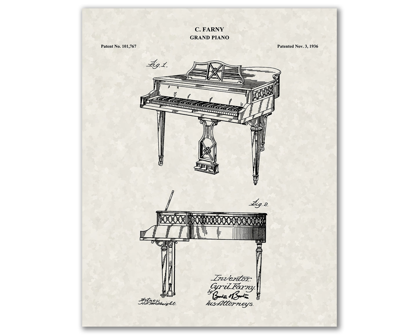 Grand Piano Patent Drawings, Wall Art Poster - Great Vintage Room Decor - Art Prints - Unique Gift for Musician\Music Enthusiast 03012
