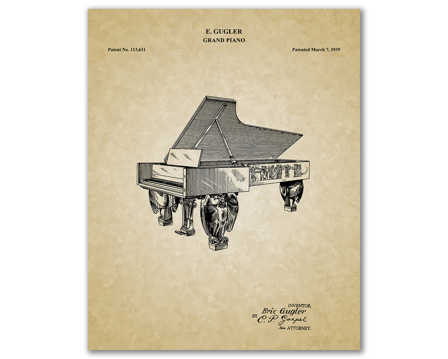 Grand Piano Patent Drawings, Music Studio Wall Art Poster, Great Vintage Room Decor, Art Prints, Musician Decor Gifts 03022