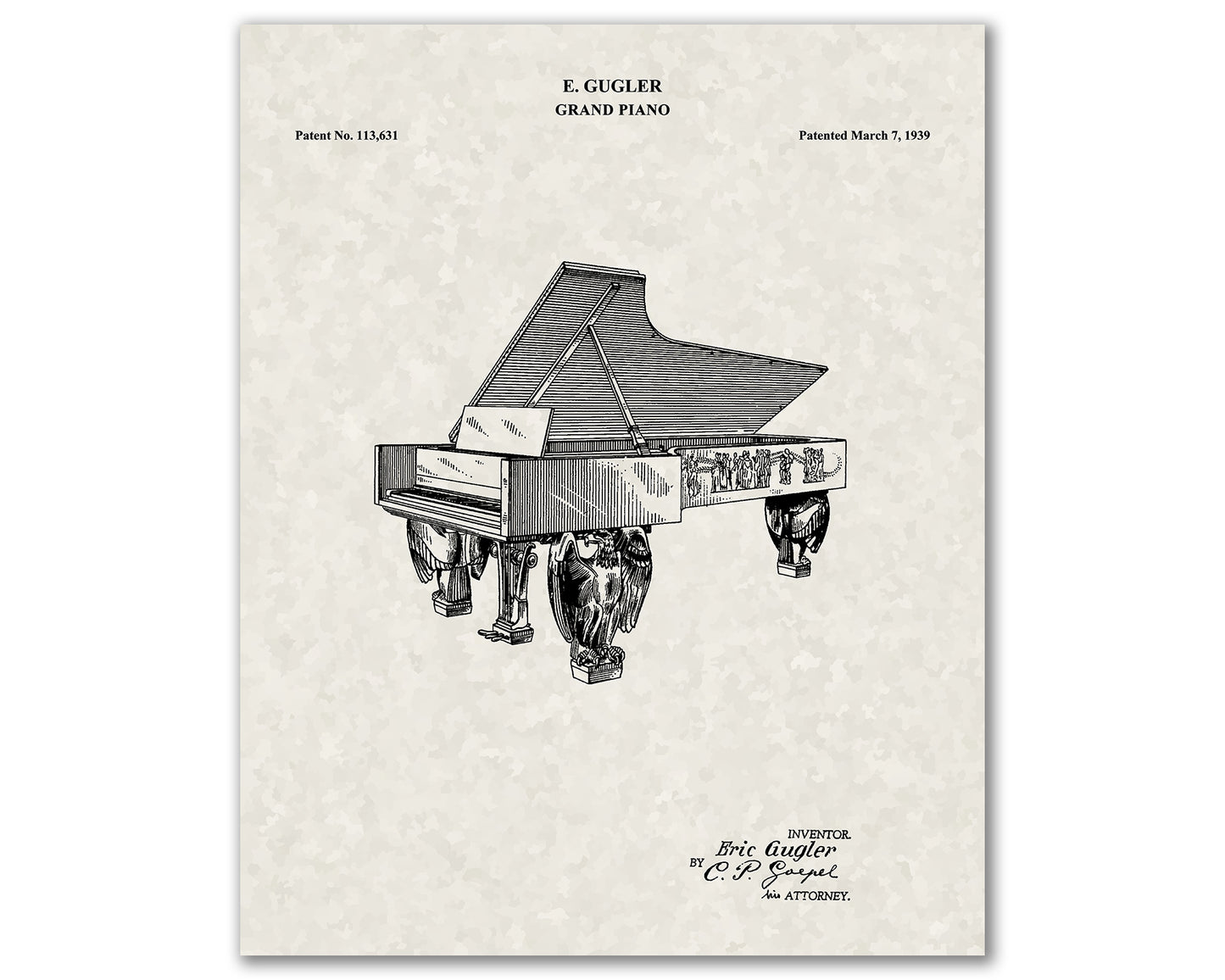 Grand Piano Patent Drawings, Music Studio Wall Art Poster, Great Vintage Room Decor, Art Prints, Musician Decor Gifts 03022