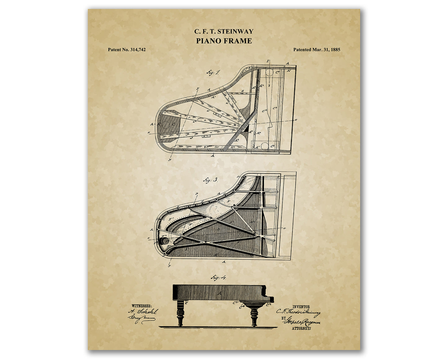 Steinway Piano Patent Print Art, Grand Piano Patent Print, Historical Vintage Art Prints, Piano Teacher Gift, Music Teacher Gift, 06022