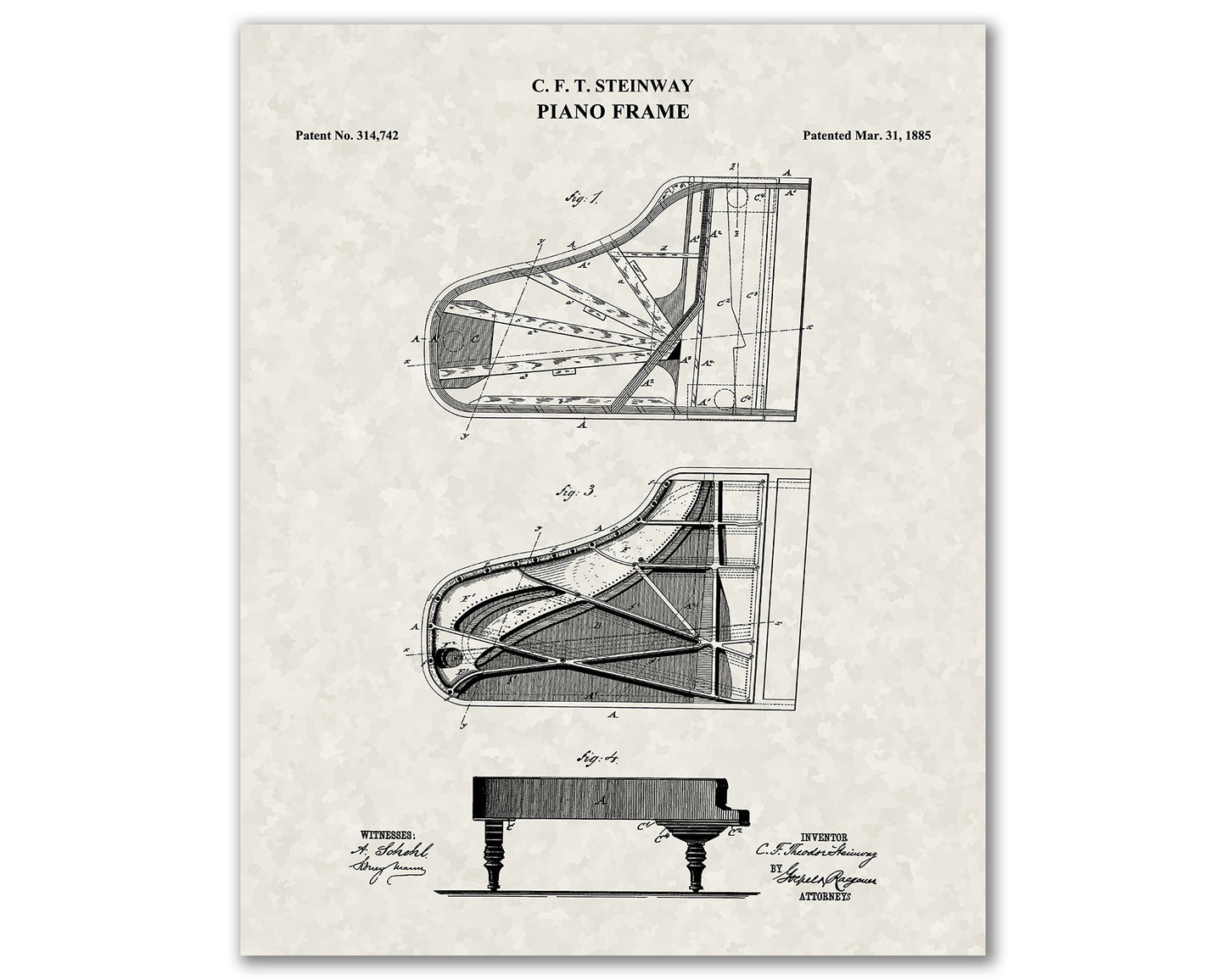 Steinway Piano Patent Print Art, Grand Piano Patent Print, Historical Vintage Art Prints, Piano Teacher Gift, Music Teacher Gift, 06022
