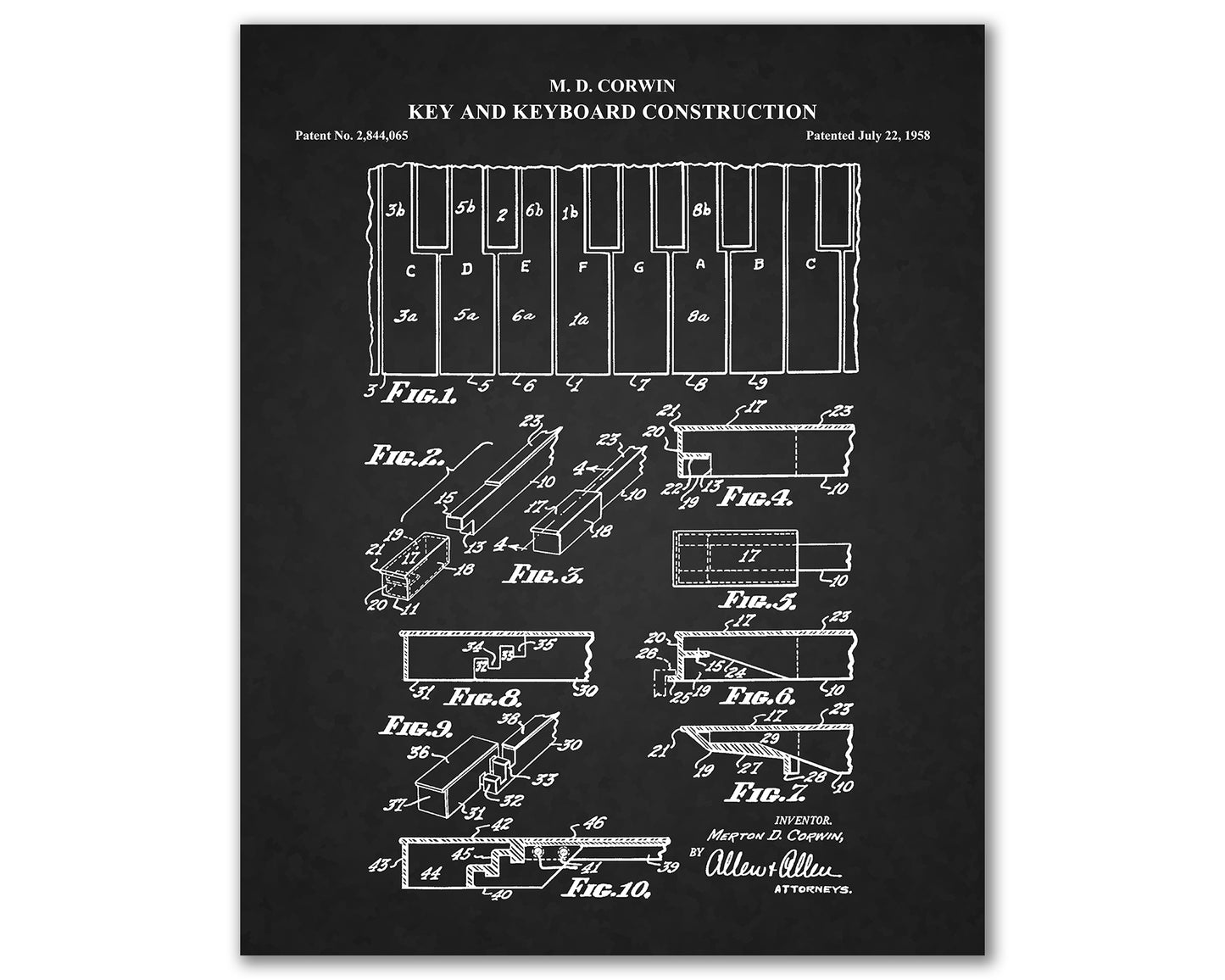 Piano Keys and Keyboard Patent Prints, Piano Teacher Gift, Piano Player Gift, Music Room Decor, Piano Keyboard Blueprint, Musician Gifts, 06032