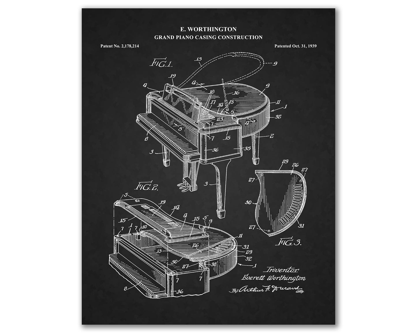 Grand Piano Patent Drawings, Music Studio Wall Art Poster, Great Vintage Room Decor, Art Prints, Musician Decor Gifts 03072