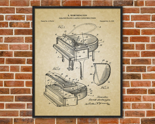 Grand Piano Patent Drawings, Music Studio Wall Art Poster, Great Vintage Room Decor, Art Prints, Musician Decor Gifts 03072