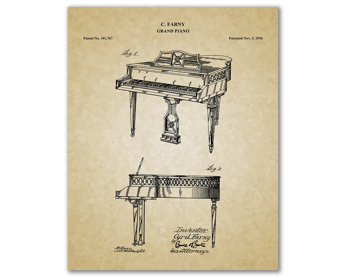 Grand Piano Patent Drawings, Wall Art Poster - Great Vintage Room Decor - Art Prints - Unique Gift for Musician\Music Enthusiast 03012