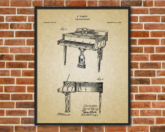 Grand Piano Patent Drawings, Wall Art Poster - Great Vintage Room Decor - Art Prints - Unique Gift for Musician\Music Enthusiast 03012
