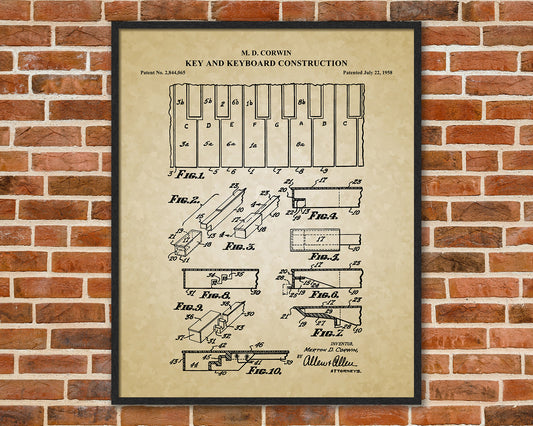 Piano Keys and Keyboard Patent Prints, Piano Teacher Gift, Piano Player Gift, Music Room Decor, Piano Keyboard Blueprint, Musician Gifts, 06032